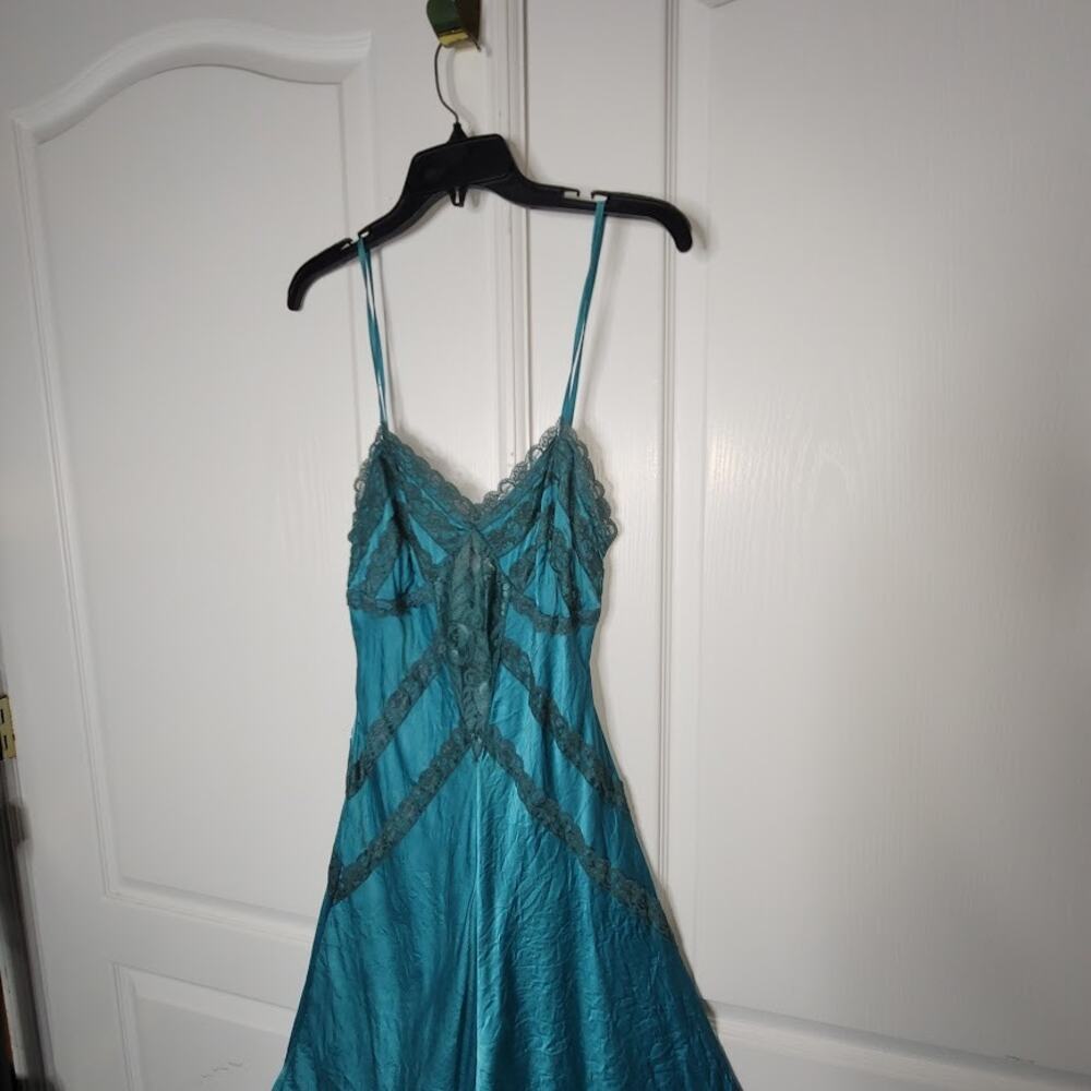 Vintage Turquoise Teal Silk Beaded Halter Slip Dress Size Medium - Picture 6 of 7